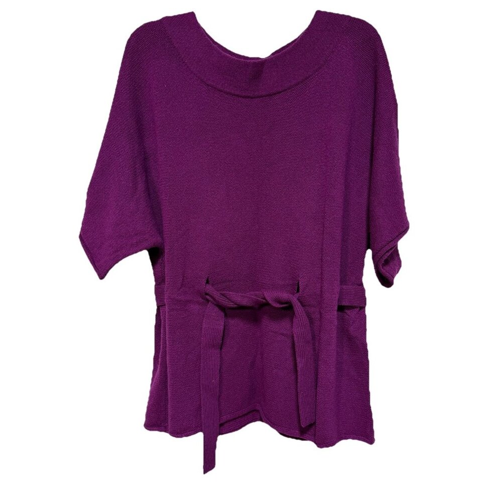 Anne Klein Womens Plus 2X Sweater Tie Waist Front Short Sleeve Purple PInk Wool